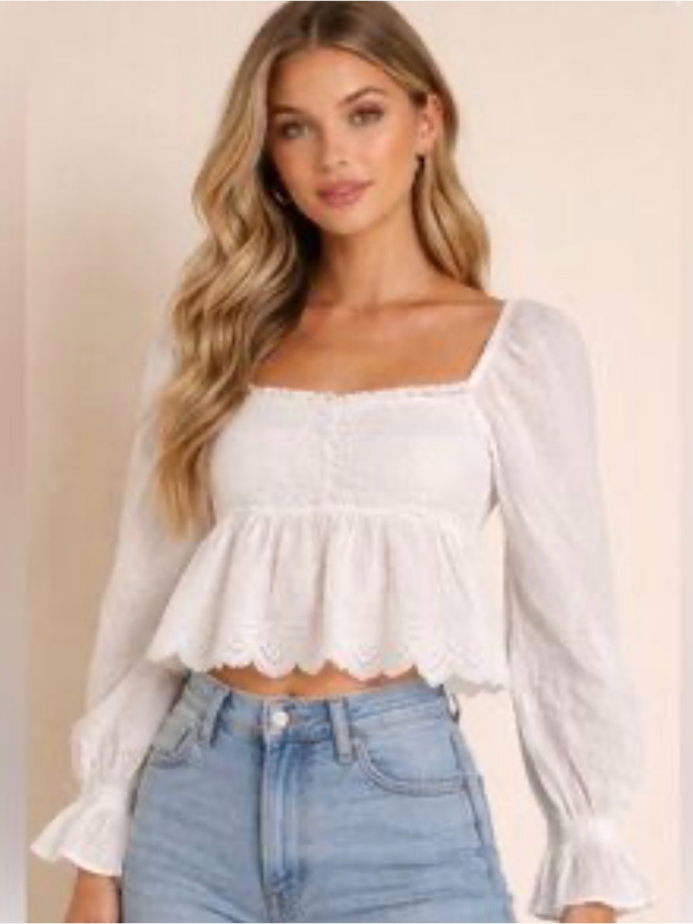 American Eagle White Square-Neck Smocked Peplum Lace Top